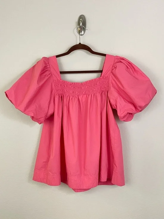 Anthropologie Maeve Coral Pink Puff-Sleeve Smocked Blouse Size Medium - Picture 5 of 8
